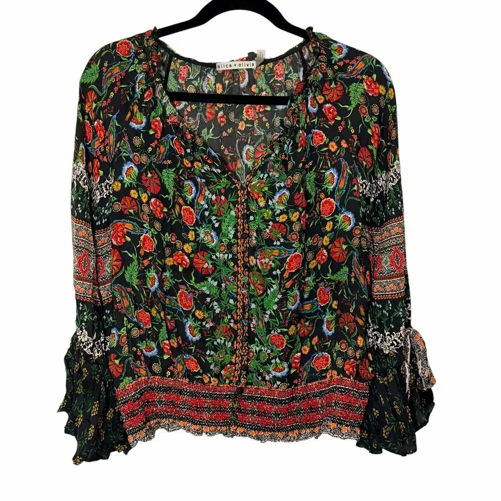 Alice + Olivia Kora Smocked Floral Peasant Top Ruffle Sleeve - Picture 3 of 7